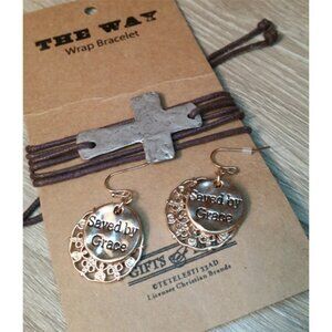 𝅺Religious jewelry set bundle cross wrap bracelet and grace dangle earrings.